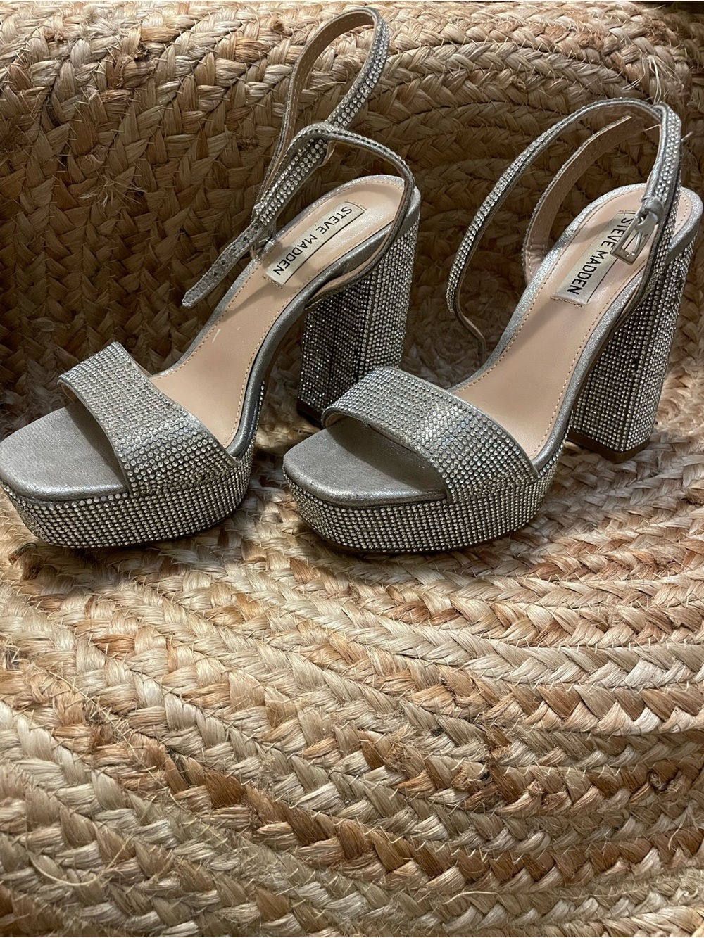 Steve Madden Silver Crystal Embellished Block Heel Sandals